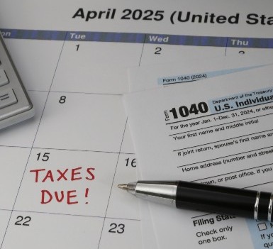 Calendar with a note on April 15 that taxes are due.