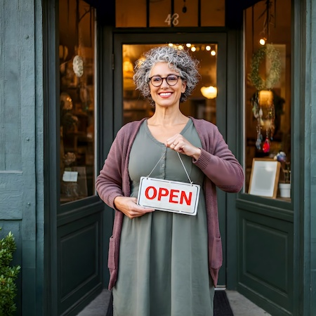 Smiling business owner holding Open sign in front of her store.