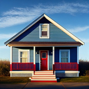 A small blue house with red porch railing and red front door. 